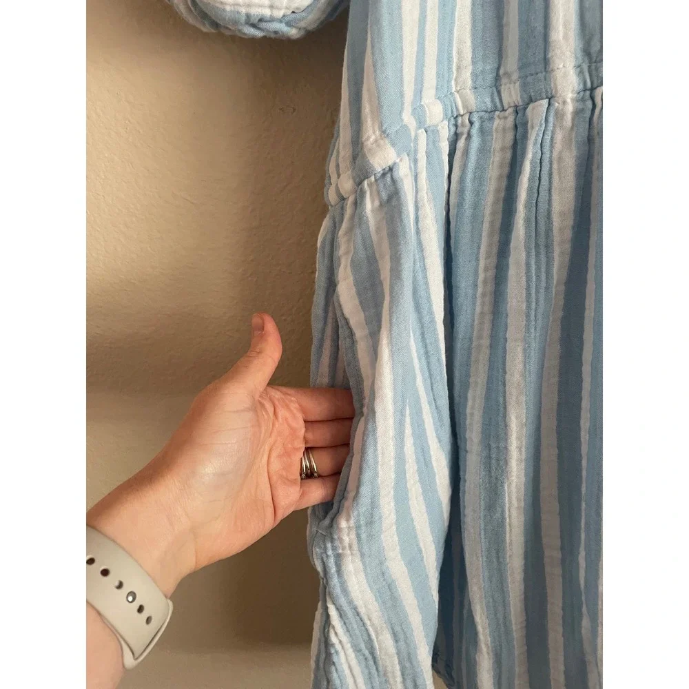 Old Navy Powder Blue Striped Gauze Cotton Puff Sleeve Button Front Dress Large - Picture 5 of 9